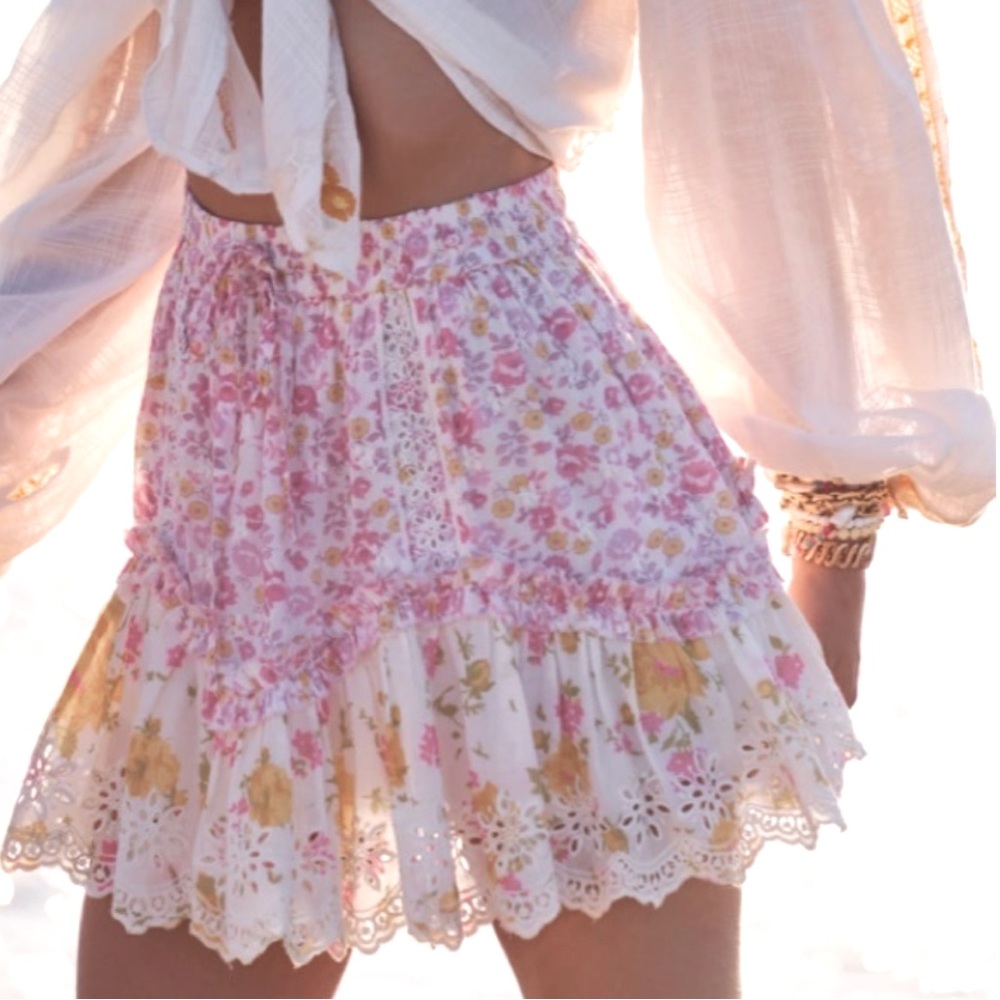 LoveShackFancy Becca Pink Floral Eyelet Ruffles Mini Skirt Size M